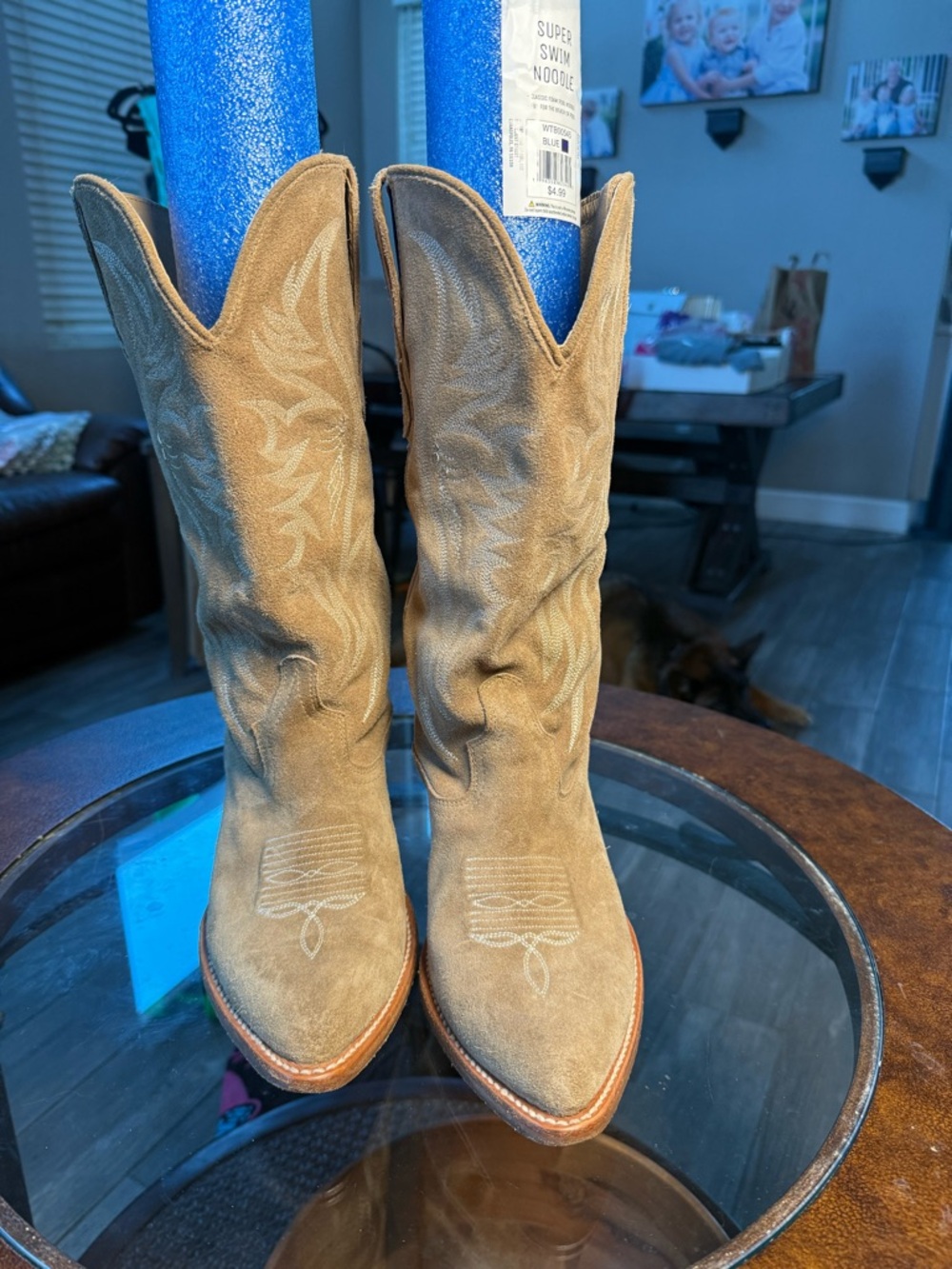 Women's Wide Calf Tan Suede Western Cowboy Boots - Classic Embroidered Design - Picture 2 of 6